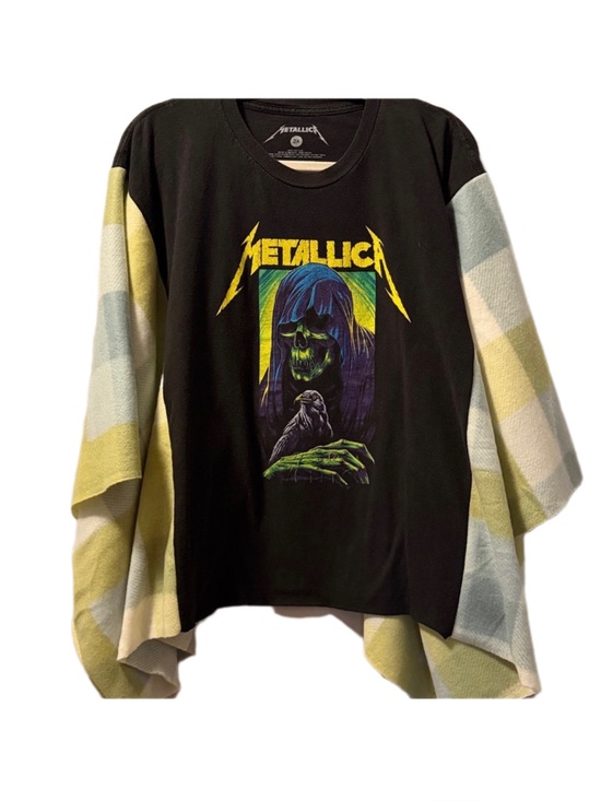 Upcycled Tops - Metallica Poncho Fleece Green raven skull sewn sides